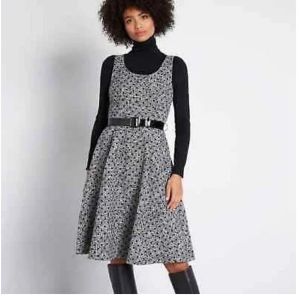 Modcloth "Take the Lead" Sleeveless Tweed A-Line Belted Dress 10